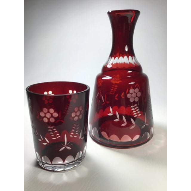 Glass Vintage Bohemian Ruby to Clear Cut Glass Bedside Water Crafe and Drinking Glass Set- 2 Pieces For Sale - Image 7 of 7