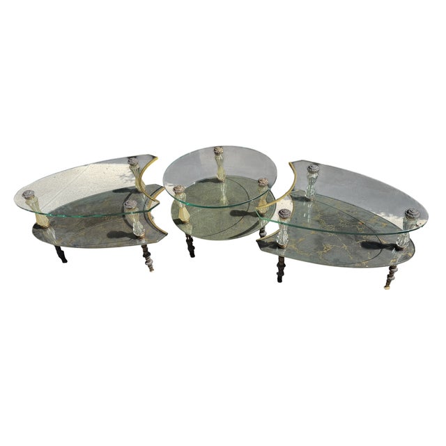Hollywood Regency Goran 3 Part Glass & Marble Cocktail Table For Sale - Image 4 of 6