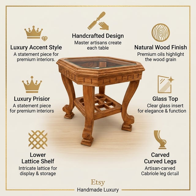 Handmade Wooden Side Table With Glass Top, Carved Wood End Table, Luxury Bedside Table, Vintage Accent Table, Solid Wood Nightstand Decor For Sale - Image 6 of 13