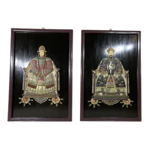 Pair of Large Chinese Carved Hardstone Emperor & Empress Portraits