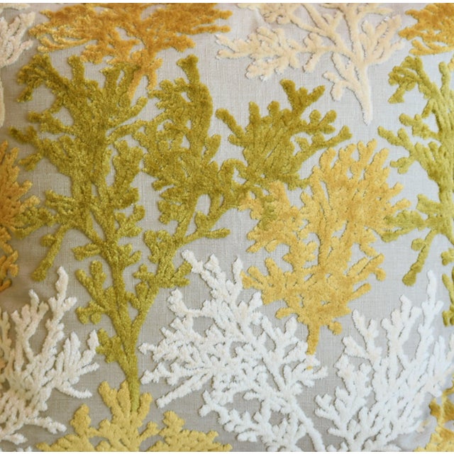 Custom-tailored pillow in cut-velvet fabric with a nautical coastal coral reef design. Same fabric on the reverse. Zipper...