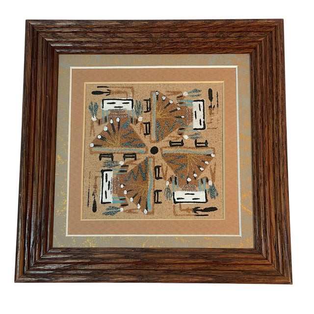 Rustic Mid 20th Century Navajo Sand Painting Art Set Framed Matted 7” Each Set of 4 For Sale - Image 3 of 14