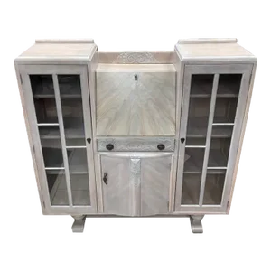 1940's Tiger Oak Mirrored Desk Cabinet, Locking Glass Side Doors, Flip Down Desk-Top
