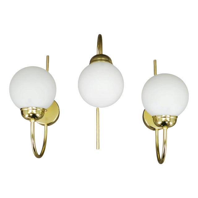 Vintage Brass and Opaline Glass Wall Lights by Kamenický Šenov, 1970s, Set of 3 For Sale