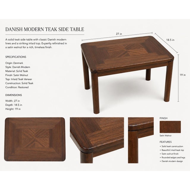 Vintage Danish Modern Solid Teak Side Table With Parquet Inlaid Top For Sale - Image 4 of 4
