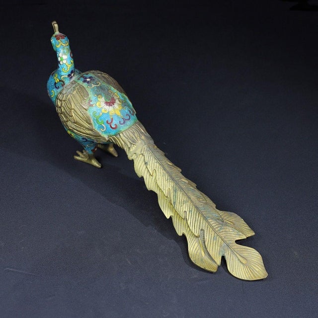 Vintage Cloisonné Enamel Peacock Figurine With Brass Accents For Sale In Los Angeles - Image 6 of 10