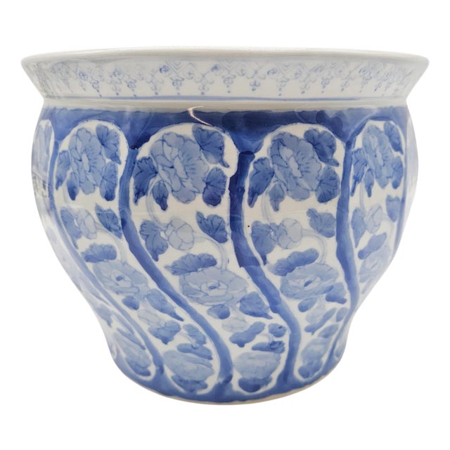 Chinese Blue and White Hand-Painted Jardinière – Estate Ceramic Planter Pot 10” For Sale