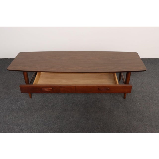1960s Mid-Century Modern Surfboard-Form Laminate and Walnut Coffee Table With Drawer by Lane For Sale - Image 5 of 18