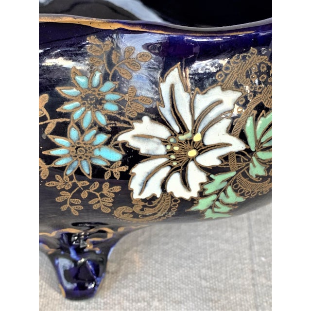 Ceramic Vintage Cobalt Blue Floral Cachepot For Sale - Image 7 of 10