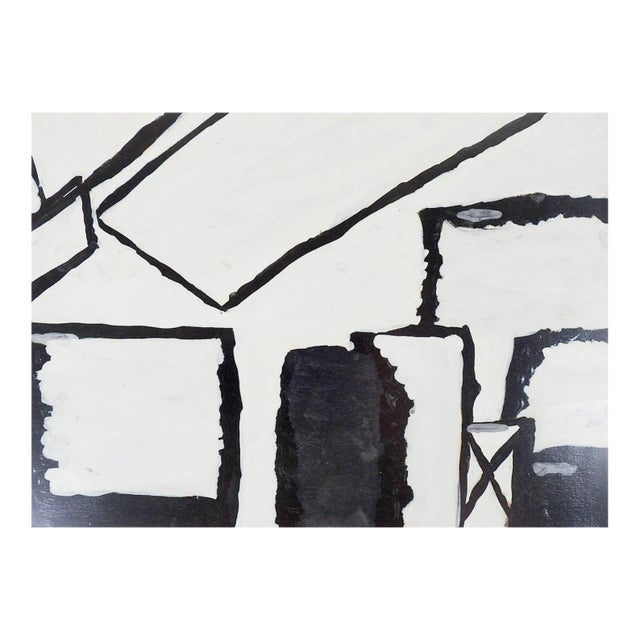 Vintage Mid Century Abstract Black and White Painting For Sale