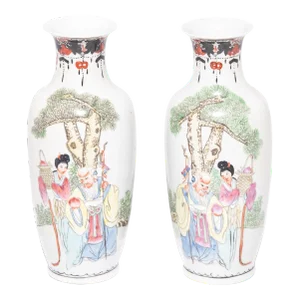 Chinese Pair of Petite Famille Rose Longevity Vases, C. 1900