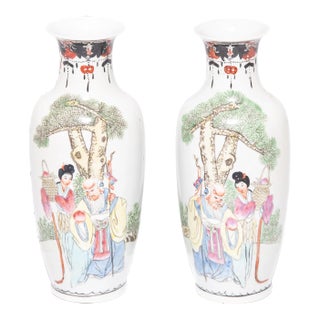 Pair of Petite Antique Chinese Famille Rose Longevity Vases For Sale