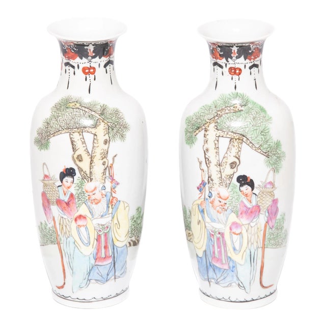 Pair of Petite Antique Chinese Famille Rose Longevity Vases For Sale