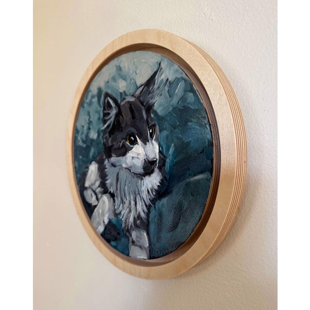 Figurative New Surroundings by Deb Komitor | Oil On Birch Panel Painting of a gray and white cat. For Sale - Image 3 of 4