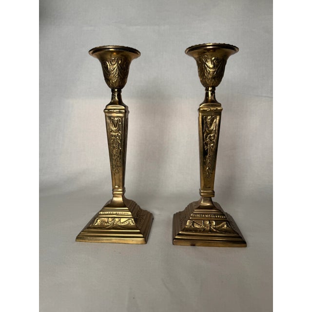 Brass Pair of French Renaissance Solid Brass Candlesticks For Sale - Image 8 of 12