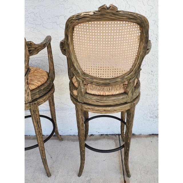 French Country Barstools Faux Bois Swivel Set of 3 For Sale - Image 15 of 17