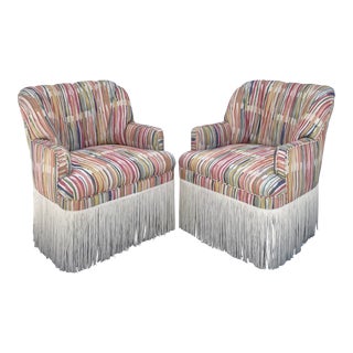 1940's Channel Back Swivel Chairs Newly Upholstered With Chainette Fringe For Sale