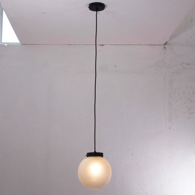 Mid-Century Modern Suspension Light with White Murano Glass Sphere with White Striped Decoration, Italy, 1980s For Sale - Image 3 of 10