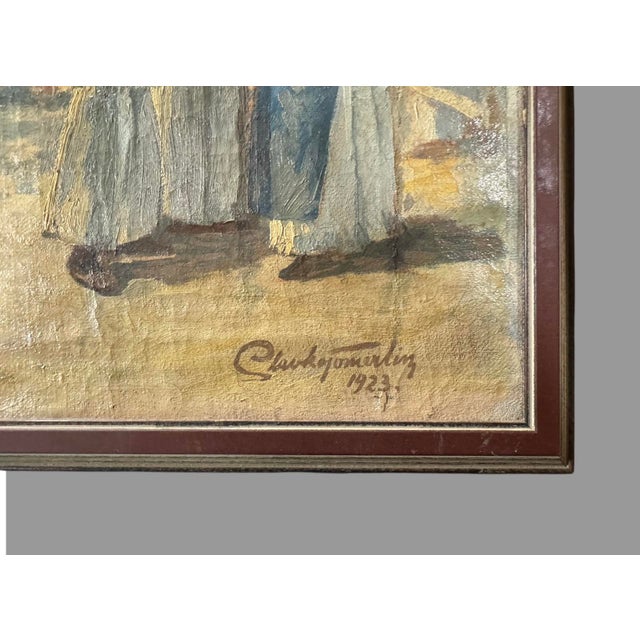 Vintage Artist Signed 1923 Landscape Street Scene People Oil Painting on Canvas, Framed For Sale - Image 6 of 7