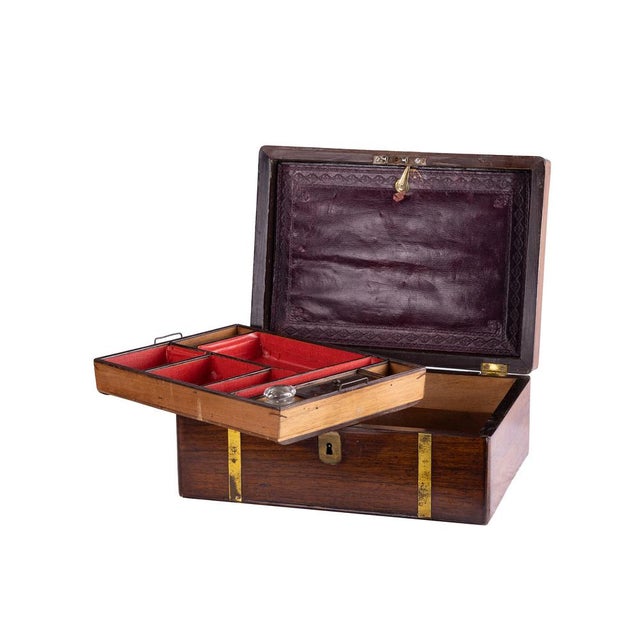 This English Brass Mounted Writing Slope Box is a fine example of the travel accessories. with reinforced brass edges and...