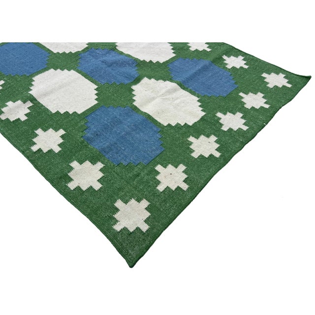 Handmade Woolen Dhurrie Runner, Moss Green, White and Sky Blue Swedish Tile Runner- 3.5'x10' For Sale - Image 10 of 13