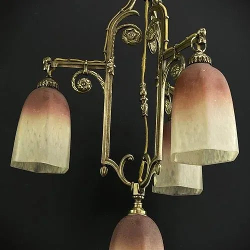 Art Deco Pate De Verre Hanging Lamp in Bronze, 1930s For Sale - Image 4 of 12