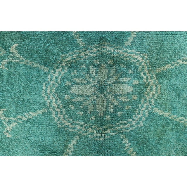 Elegant 1940s Vintage European Rug with Neoclassical Motifs in Cool Aqua Size: 8'11" × 13'3" (271 × 403 cm) This graceful...