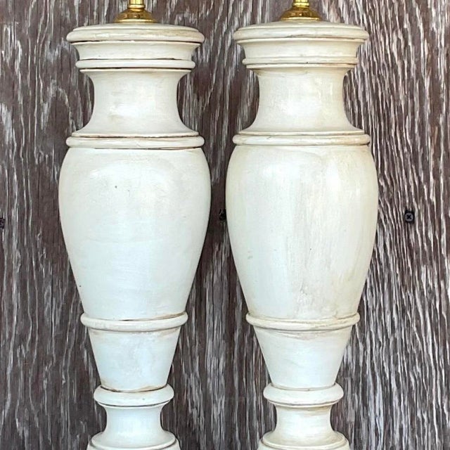 Wood Vintage Boho Faux Finished Turned Wood Lamps- a Pair For Sale - Image 7 of 12