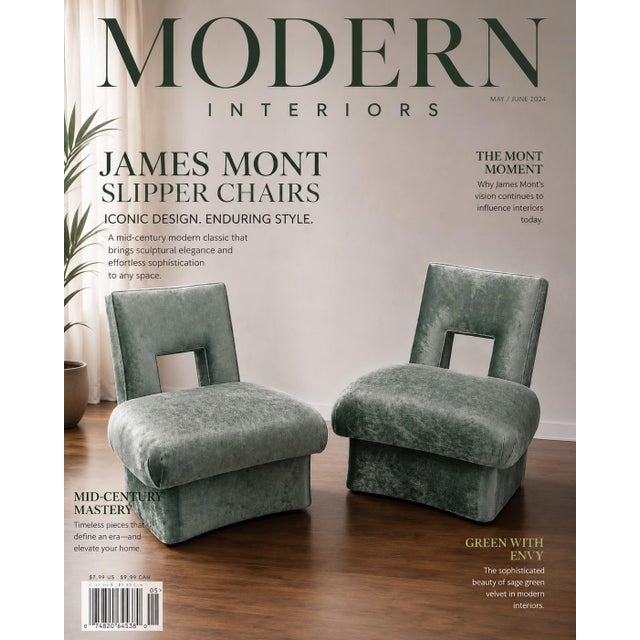 A pair of James Mont style lounge chairs upholstered in sage green mohair velvet, featuring distinct architectural cutout...