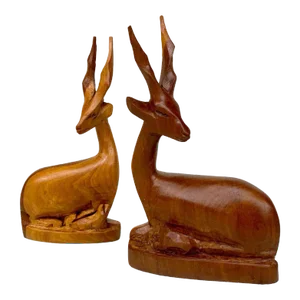 Mid-Century African Impala Gazelle Mahogany Carved Sculpture - a Pair