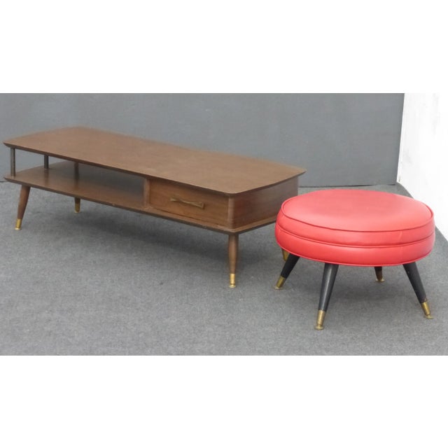 Wood Mid-Century Modern Rount Swivel Red Vinyl Ottoman For Sale - Image 7 of 11