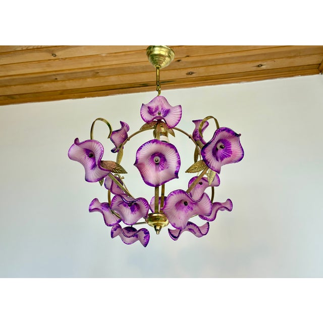 Vintage Hand-Painted Pink Glass Flower Chandelier – One of a Kind Floral Ceiling Light For Sale - Image 10 of 14