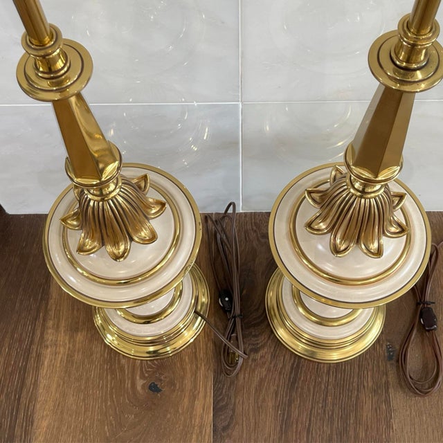 Stiffel Vintage Mid-Century Modern Stiffel Torchiere Table Lamps Brass & Enamel Hollywood Regency - a Pair For Sale - Image 4 of 12