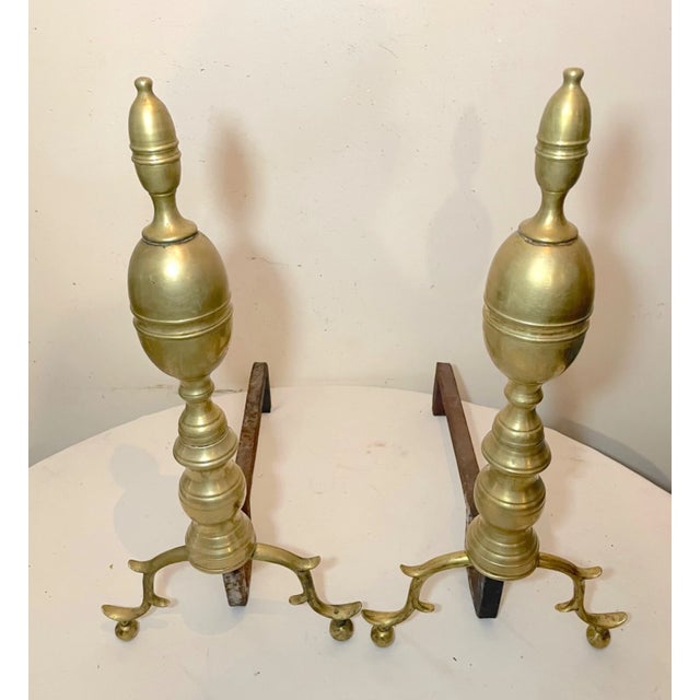 Large Pair of Antique 1700's Peened Brass Iron Federal Double Lemon Andirons For Sale In New York - Image 6 of 14