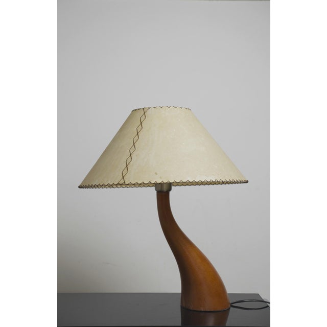 Mid-Century Spanish Cedar Wood Parchment Shade Bonsai Table Lamp by Josep Llusca Blauet, 1990s, in Good conditions....