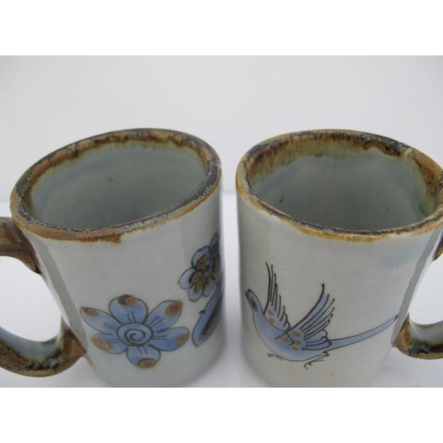 Farmhouse Ken Edwards El Palomar Blue Bird Flowers Mexican Tonala Folk Art Coffee Cup Pair For Sale - Image 3 of 11