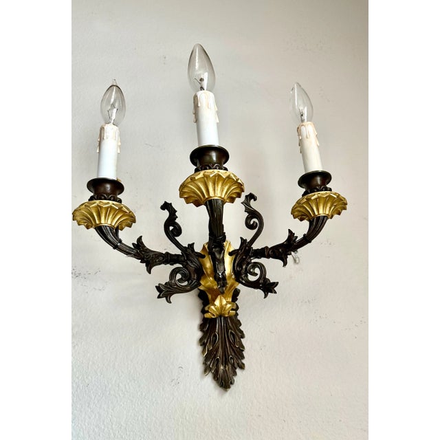 Pair French Empire 3 Arm Bronze Wall Sconces For Sale - Image 11 of 18