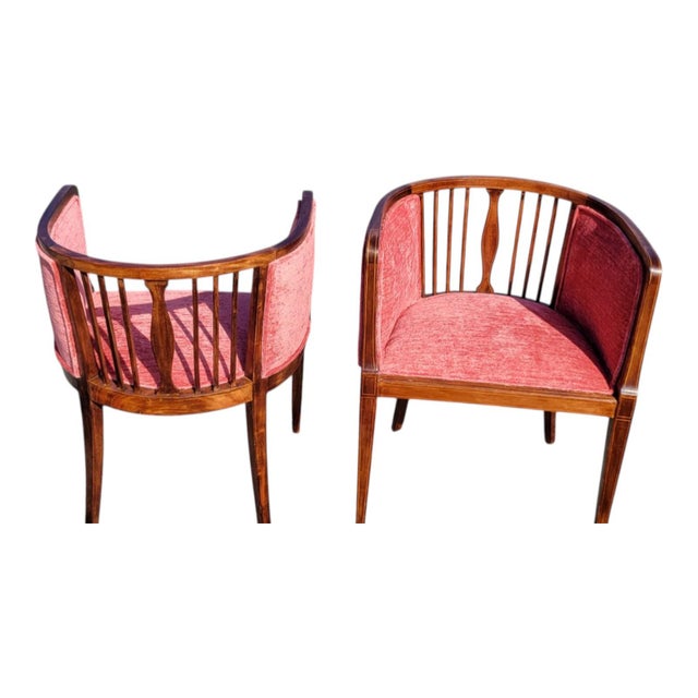 Pair 1920s English Edwardian Inlaid Mahogany Tub Club Chairs Newly Upholstered For Sale - Image 13 of 18