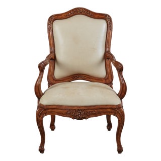 18th C Style Italian Rococo Walnut Armchair W Leather Upholstery For Sale