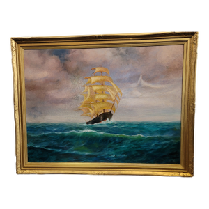 1900s Large Antique Oil Painting of Clipper Ship