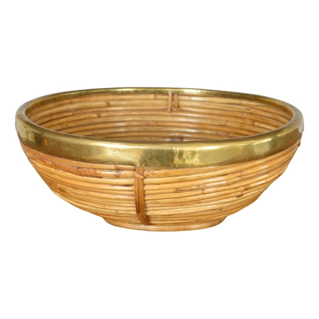 Rattan Cane and Brass Basket Centrepiece attributed to Vivai del Sud, Italy, 1970s For Sale