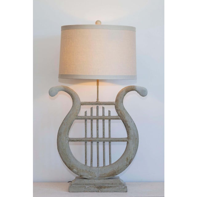 Gustavian (Swedish) 19th Century French Gustavian Lyre Table Lamp in Distressed Wood with Shade For Sale - Image 3 of 9