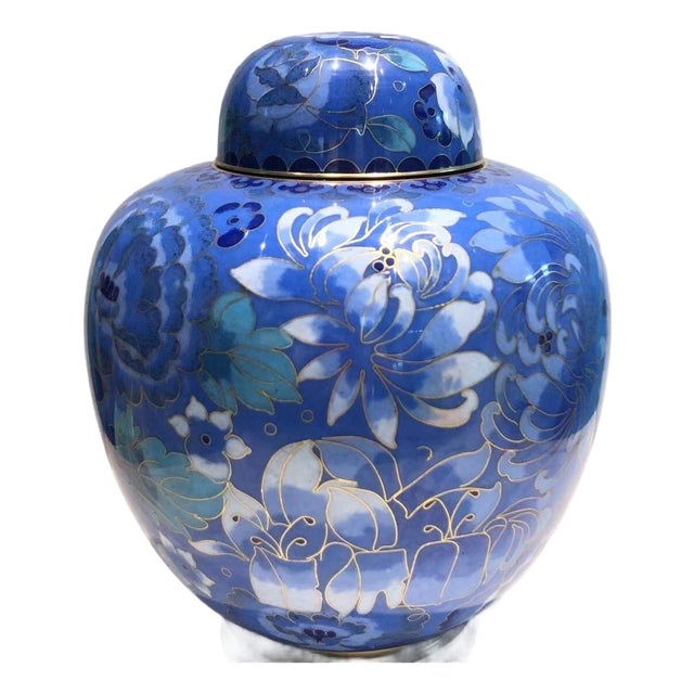 Vintage Cloisonné Enamel Blue Floral Lidded Ginger Jar With Wooden Stand For Sale