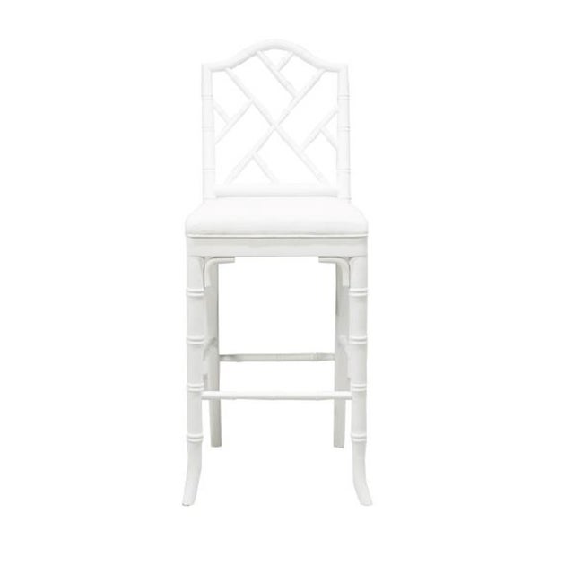 Worlds Away Matthew Izzo Home Annette Chippendale Style Matte White Counter Stool With White Linen Seat For Sale - Image 4 of 4