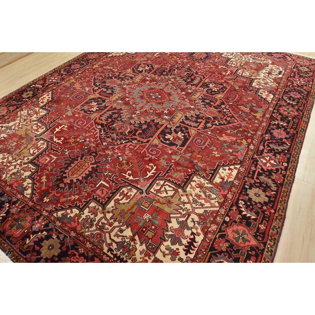 Tribal Heriz Rug 9'9'' X 12'6'' Red Wool Vintage Tribal Hand-Knotted Oriental Carpet For Sale - Image 3 of 15