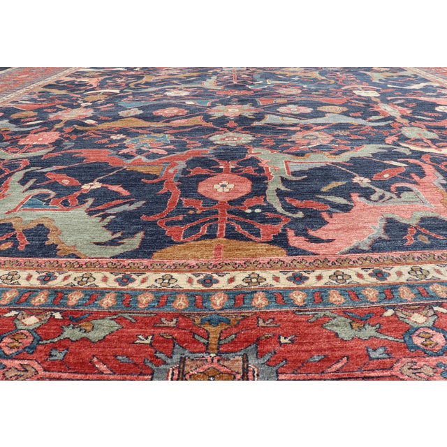 Large Persian Bidjar Rug With Navy Field and Red Border Floral Design For Sale In Atlanta - Image 6 of 16