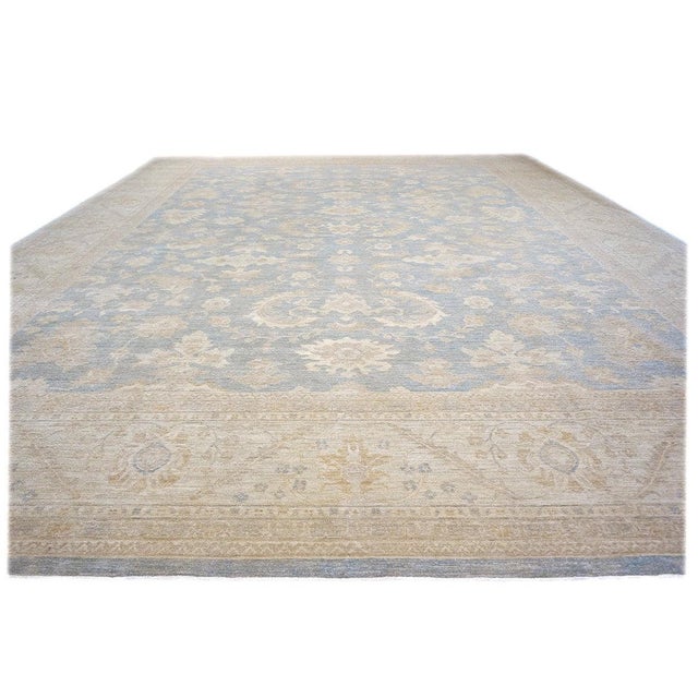 Islamic Afghan Oushak Wool 12x15 Blue & Ivory Handmade Area Rug #1142741 For Sale - Image 3 of 11