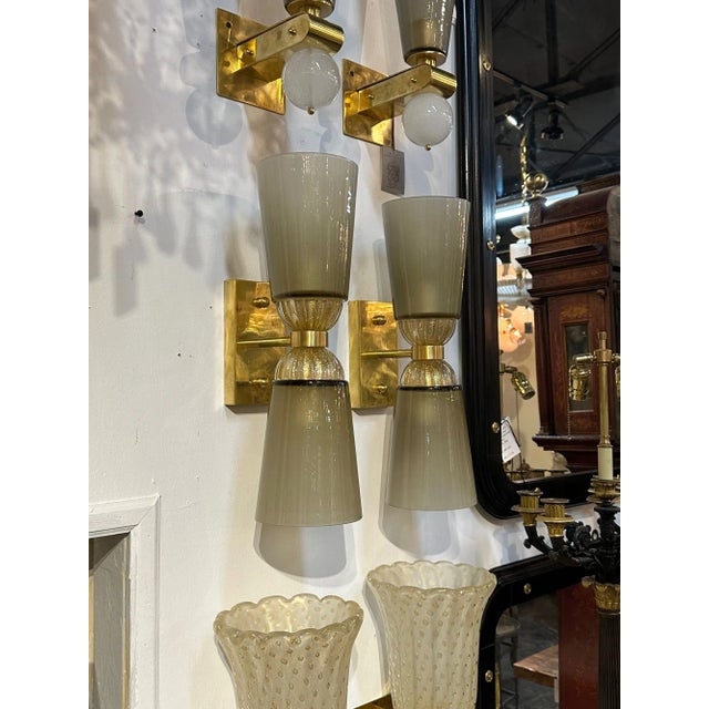 Early 21st Century Pair of Modern Murano Glass and Brass Double Cone Sconces For Sale - Image 5 of 8