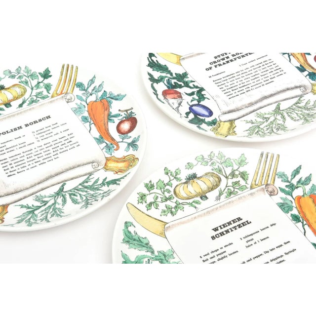 These delightful hallmarked whimsical set of 3 Italian vintage porcelain Piero Fornasetti recipe plates are amusing. They...