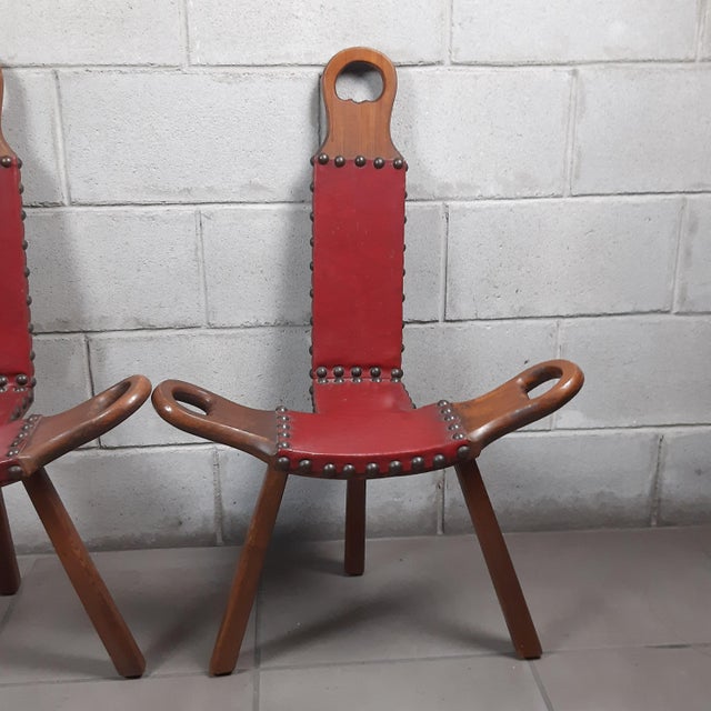 Brown Set of Spanish Brutalist Chair in Wood & Red Leather, 1960s For Sale - Image 8 of 18